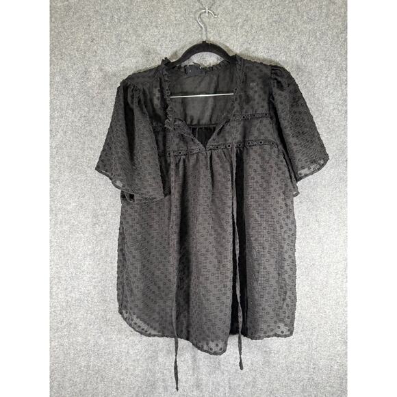 Flower & Feather Blouse Women 2XL‎ Black Short Sleeve Boho Spring Relax Peasant - Picture 1 of 7
